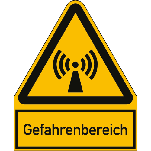 Warnschild Gefahrenbereich mit Symbol für elektromagnetische Strahlung und Text Gefahrenbereich in Gelb und Schwarz nach ISO 7010