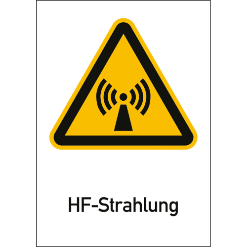 Warnschild HF-Strahlung mit gelbem Dreieck und schwarzem Symbol für Hochfrequenzstrahlung