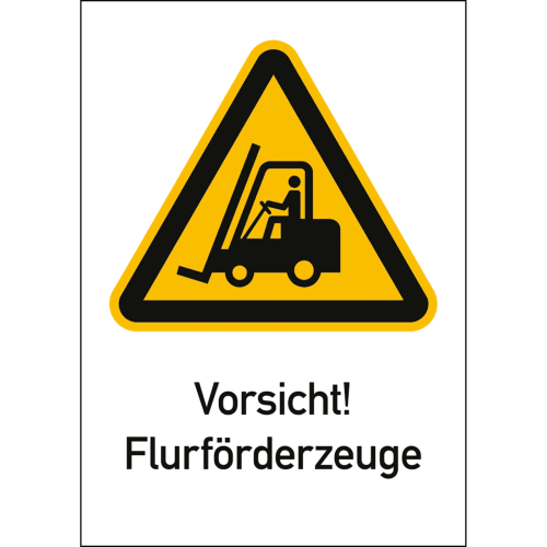 Warnschild Vorsicht Flurförderzeuge mit Gabelstapler Symbol ISO 7010