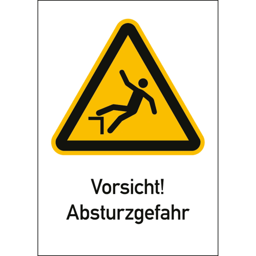 Warnschild mit gelbem Dreieck und schwarzem Rand, Symbol einer Person die stürzt, Text Vorsicht! Absturzgefahr