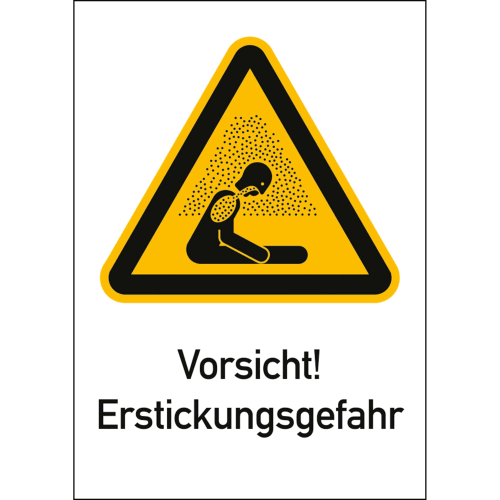 Warnschild mit gelbem Dreieck und schwarzem Rand, Symbol einer Person mit Erstickungsgefahr durch eingeatmete Partikel, Text Vorsicht! Erstickungsgefahr