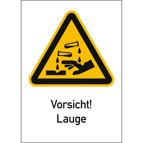 Warnschild Vorsicht Lauge mit ISO 7010 Symbol, gelbes Dreieck mit schwarzem Rand und Hand, die von Lauge angegriffen wird