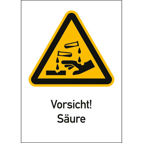 Warnschild Vorsicht Säure mit Symbol für ätzende Flüssigkeiten nach ISO 7010