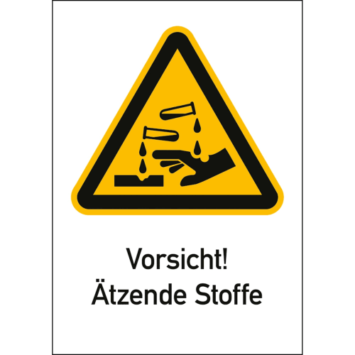 Warnschild Vorsicht! Ätzende Stoffe mit Symbol einer Hand und ätzenden Flüssigkeiten nach ISO 7010