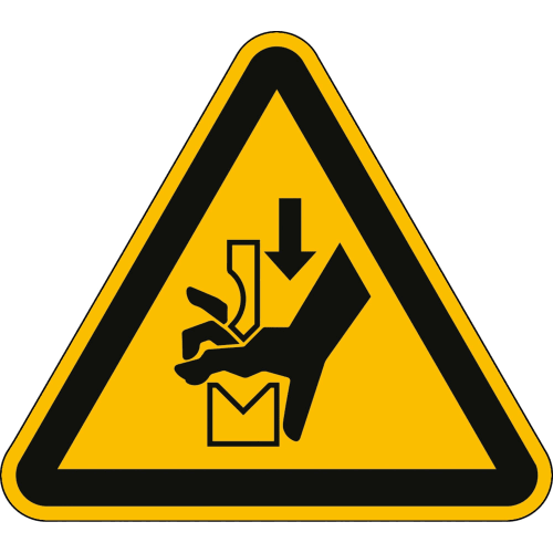 Warnschild Warnung vor Quetschgefahr der Hand zwischen den Werkzeugen einer Presse nach ISO 7010 W 030