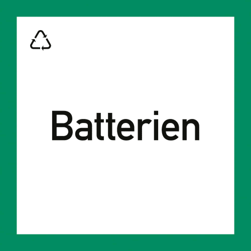 Wertstoffkennzeichnung für Batterien mit Recycling-Symbol auf weißem Hintergrund und grünem Rand
