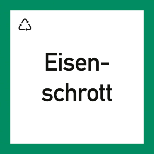 Wertstoffkennzeichnung Eisenschrott mit grünem Rand und Recycling-Symbol
