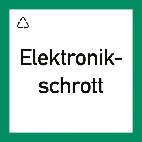 Wertstoffkennzeichnung Elektronikschrott mit Recycling-Symbol auf grünem Hintergrund