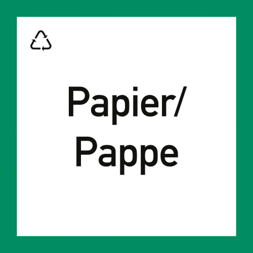 Wertstoffkennzeichnung Papier/Pappe mit Recycling-Symbol auf grünem Hintergrund