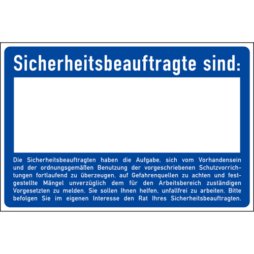 Schild mit der Aufschrift Sicherheitsbeauftragte sind und Beschreibung ihrer Aufgaben im Arbeitsschutz