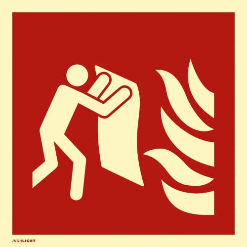 Symbol einer Person, die eine Feuerlöschdecke gegen Flammen hält, Feuerlöschdecke nach ISO 7010 F016