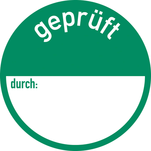 Grüner und weißer Aufkleber mit der Aufschrift geprüft durch