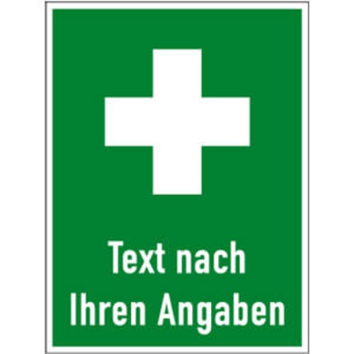Grünes Erste Hilfe Schild mit weißem Kreuz und Text nach Ihren Angaben