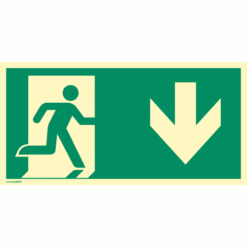 Rettungsweg Notausgang Schild mit Pfeil nach rechts gemäß ISO 7010 E 001, ISO 3864 und ISO 16069