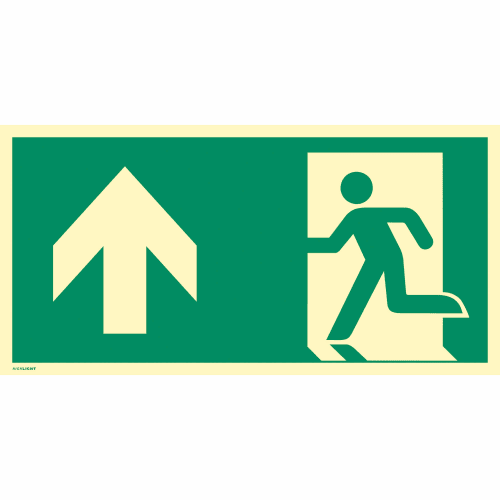 Rettungsweg nach oben mit Pfeil nach links, Fluchtweg-Symbol nach ISO 7010 E 002, ISO 3864, ISO 16069