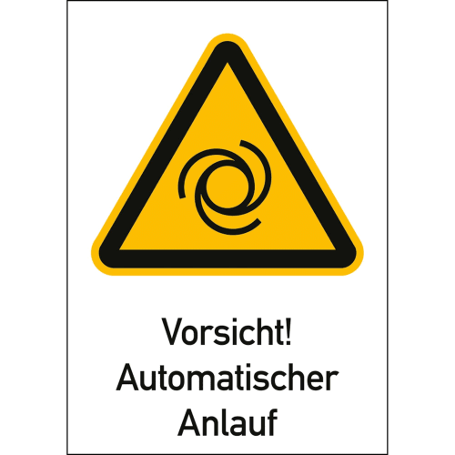 Warnschild Vorsicht! Automatischer Anlauf mit ISO 7010 Symbol