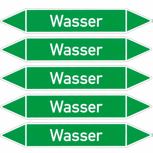 Grüne Fließrichtungspfeile mit weißem Aufdruck 'Wasser' für Durchflussstoffgruppe 1