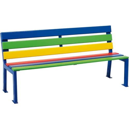 Bunte SILAOS® Sitzbank für Grundschule mit blauen, grünen, gelben und roten Latten