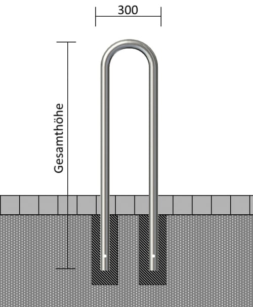 Universalbügel aus Edelstahl mit einem Durchmesser von 48 mm, eingebaut in den Boden mit einer Breite von 300 mm
