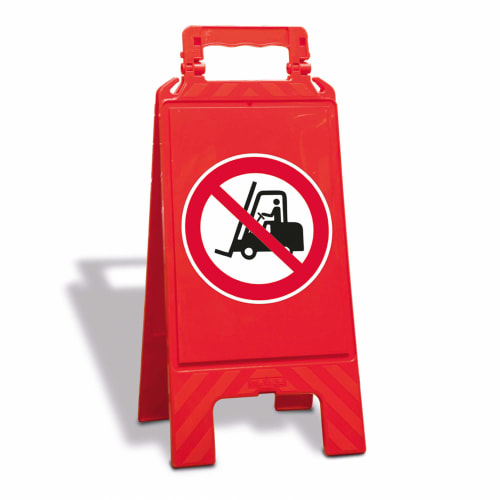 Roter Warnaufsteller mit Verbotszeichen für Gabelstapler