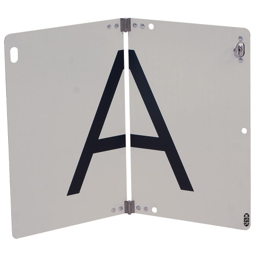 Klappbare Abfallwarntafel in A-Form mit großem schwarzen Buchstaben A und Drehverschluss