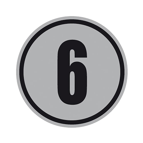 Rundes Geschwindigkeitsschild mit der Zahl 6 in Schwarz auf grauem Hintergrund, Geschwindigkeitsschilder 6 km/h für KfZ nach § 58 StVZO