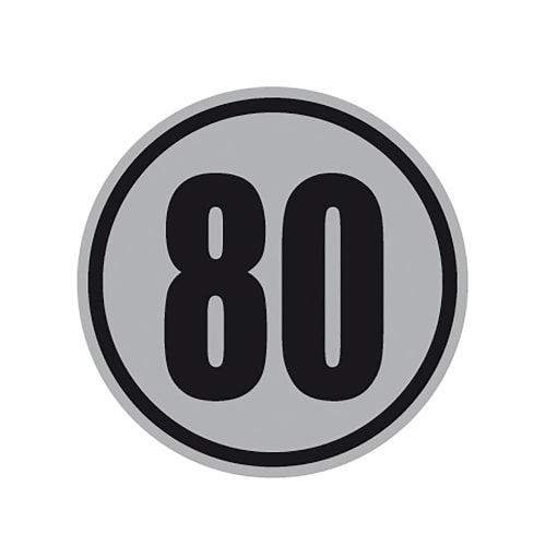 Geschwindigkeitsschild 80 km/h für Kraftfahrzeuge nach § 58 StVZO, rundes Schild mit schwarzer Zahl 80 auf grauem Hintergrund