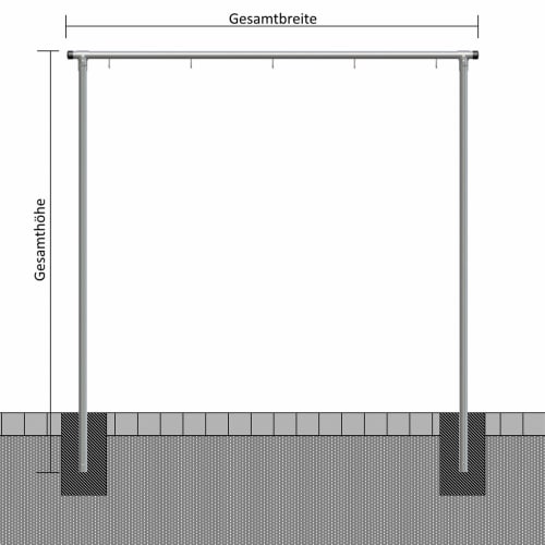 Wäschetrockengerüst aus Metallrohren mit Ø 48 oder 60 mm, dargestellt mit Gesamtbreite und Gesamthöhe Maßen