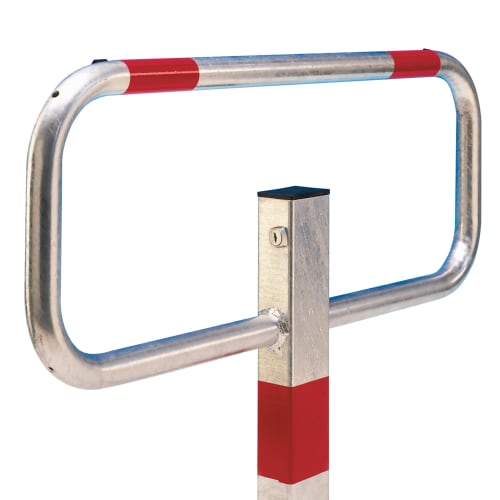 Parkplatzbügel SESAM privat aus Metall mit rotem Streifen und Schloss