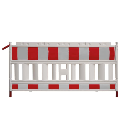 Weißer TL-Schrankenzaun EURO 1 Typ ELEKTRO mit roten und weißen reflektierenden Streifen, WACHTWERK X® Absperrung