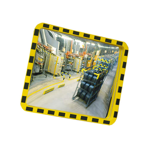 Industriespiegel EUCRYL mit gelb-schwarzem Rahmen in einer Fabrikumgebung zur Überwachung von Lager und Transport