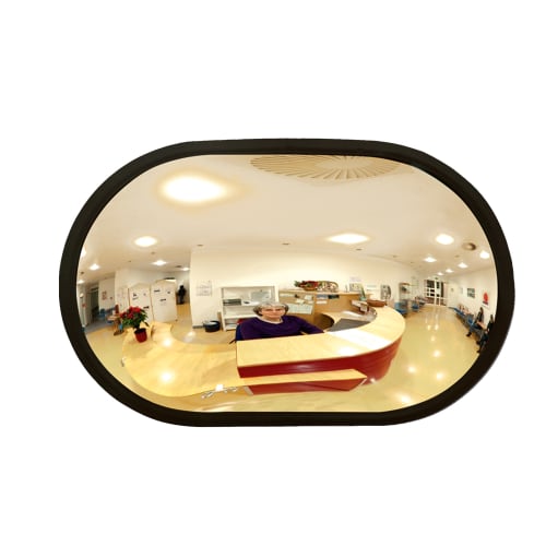 Beobachtungsspiegel INDOOR mit Blick auf Empfangstresen und Wartebereich in Innenraum