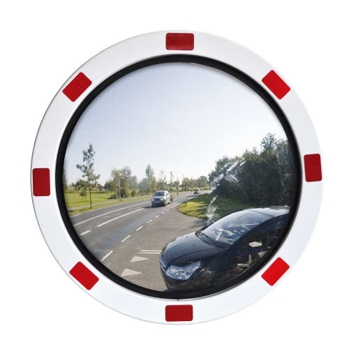 Verkehrsspiegel DURABEL ECO mit weißem Rahmen und roten Reflektoren zur Überprüfung von 2 Richtungen an einer Straßenkreuzung