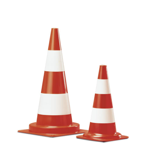 Zwei Leitkegel VINYLO MAX in rot und weiß mit reflektierenden Streifen, verschiedene Größen