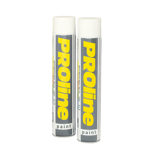 Zwei Dosen Markierungsspray PROline paint für Innen und Außen mit gelber Schrift auf grauem Hintergrund