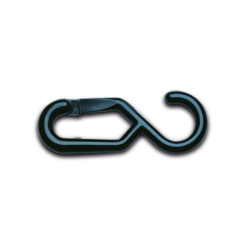 Schwarzer Einhängehaken aus Kunststoff mit Karabiner- und Hakenfunktion