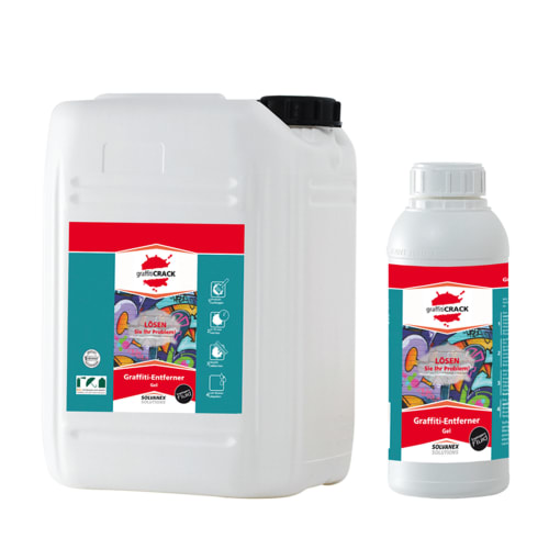 Graffiti-Entferner graffitiCRACK Gel Kanister und Flasche mit buntem Graffiti-Hintergrund
