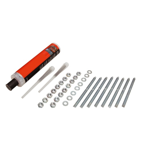 Montageset für Rammschutz-Federelemente mit Schrauben, Muttern, Unterlegscheiben und Kleber von WACHTWERK X®