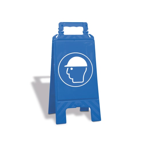Blauer Warnaufsteller mit Gebotszeichen Schutzhelm-Piktogramm