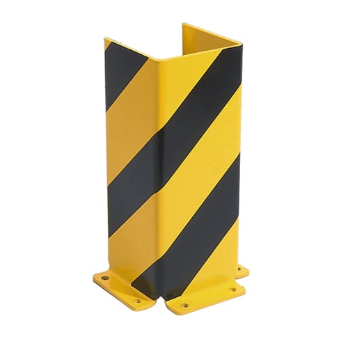 Regalanfahrschutz WACHTWERK X aus Stahl in gelb und schwarz mit diagonalen Streifen