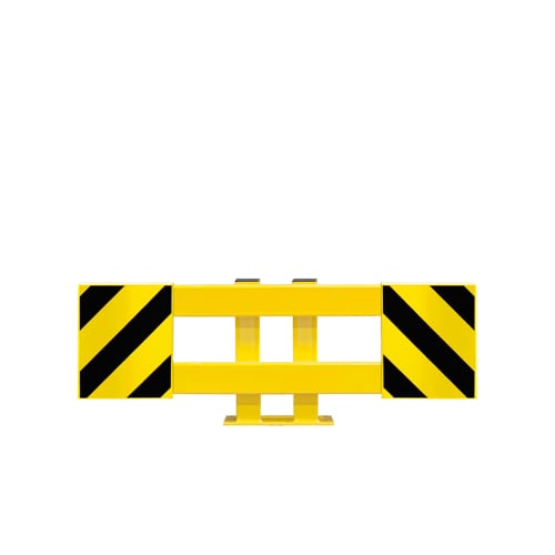 Rammschutzplanke Typ A als Regalanfahrschutz WACHTWERK X FLEX aus Stahl, gelb mit schwarzen Warnstreifen