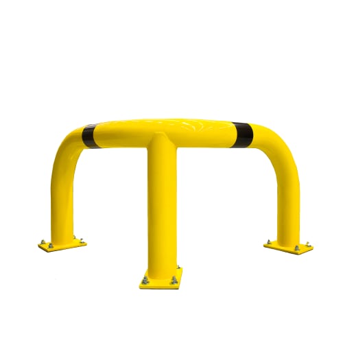 Gelber Eckschutzbügel WACHTWERK X® aus Stahl mit Stärke M und Ø 108 mm, mit schwarzem Streifen