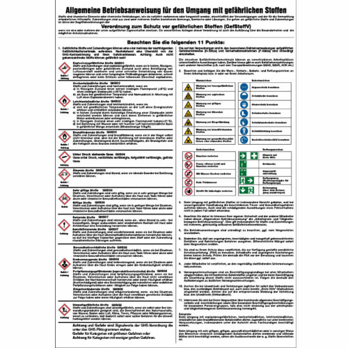 Allgemeine Betriebsanweisung für den Umgang mit gefährlichen Stoffen mit Sicherheits- und Gefahrensymbolen sowie Verhaltensregeln