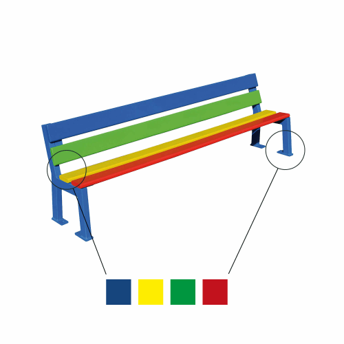 Bunte Gartenbank SILAOS® für Kinder mit blauen, grünen, gelben und roten Sitz- und Rückenlehnenleisten, geeignet für KiTa und Kindergärten