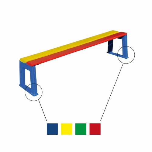 Bunte KiTa Gartenbank SILAOS ohne Rückenlehne mit blauen Beinen, roter und gelber Sitzfläche