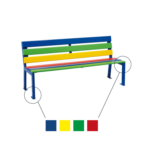 Bunte SILAOS® Sitzbank Grundschule mit blauen, grünen, gelben und roten Latten und blauem Metallgestell