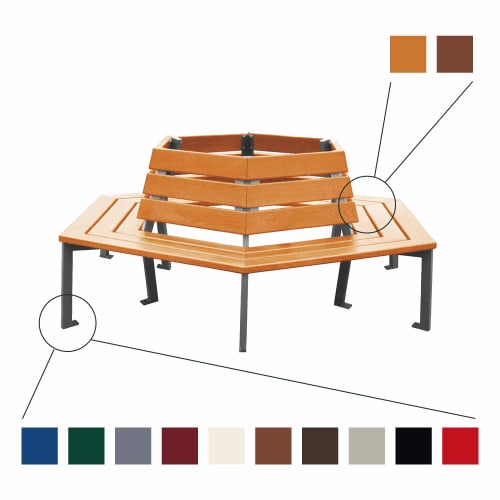 Rundbank SILAOS Baumbank aus hellem Eichenholz mit schwarzem Metallgestell, sechseckige Form