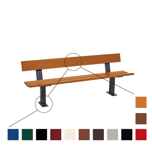 Schmale Sitzbank PAGODA mit Holzlatten und schwarzer Metall-Bodenverankerung