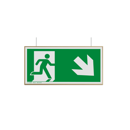 Madrid Bronze Line Deckenhänger mit grünem Notausgangssymbol und weißem Pfeil nach rechts unten