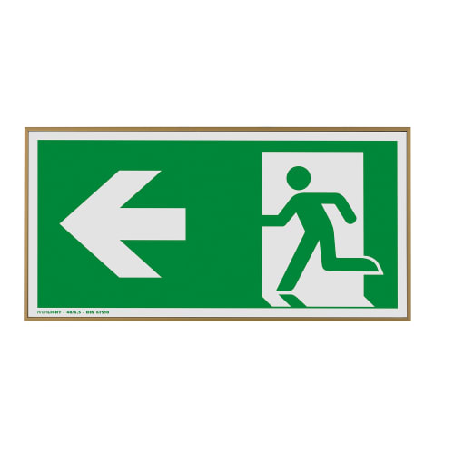 Madrid Bronze Line Fluchtwegweiser mit grünem Hintergrund, weißem Pfeil nach links und Fluchtweg-Symbol